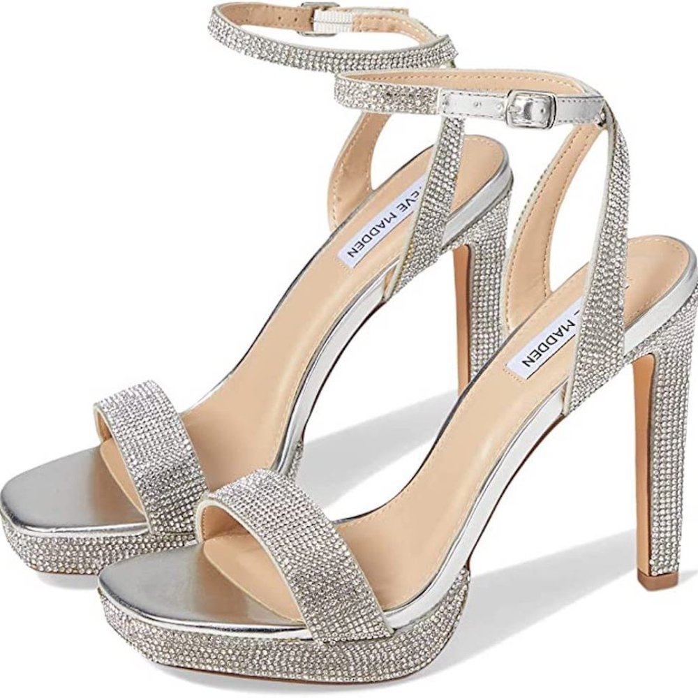 NWOB Steve Madden Damar Silver Rhinestone Heeled Sandal